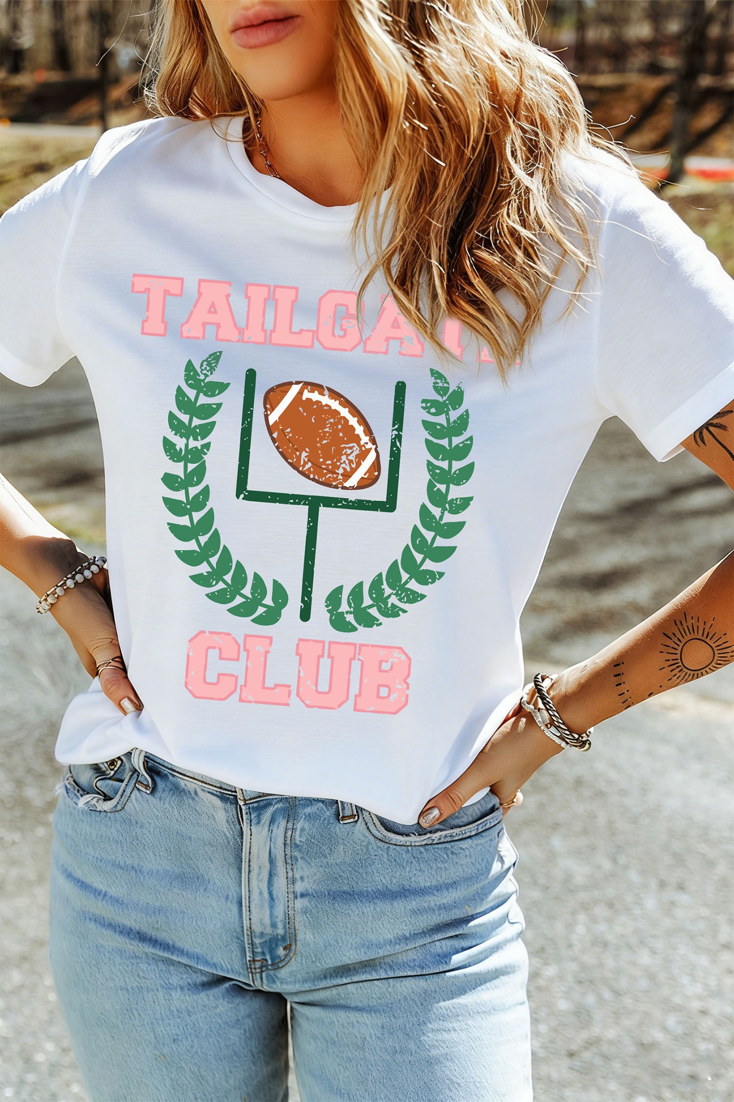 White TAILGATE CLUB Casual Round Neck Game Day T Shirt - Aaria Tees Aaria Tees