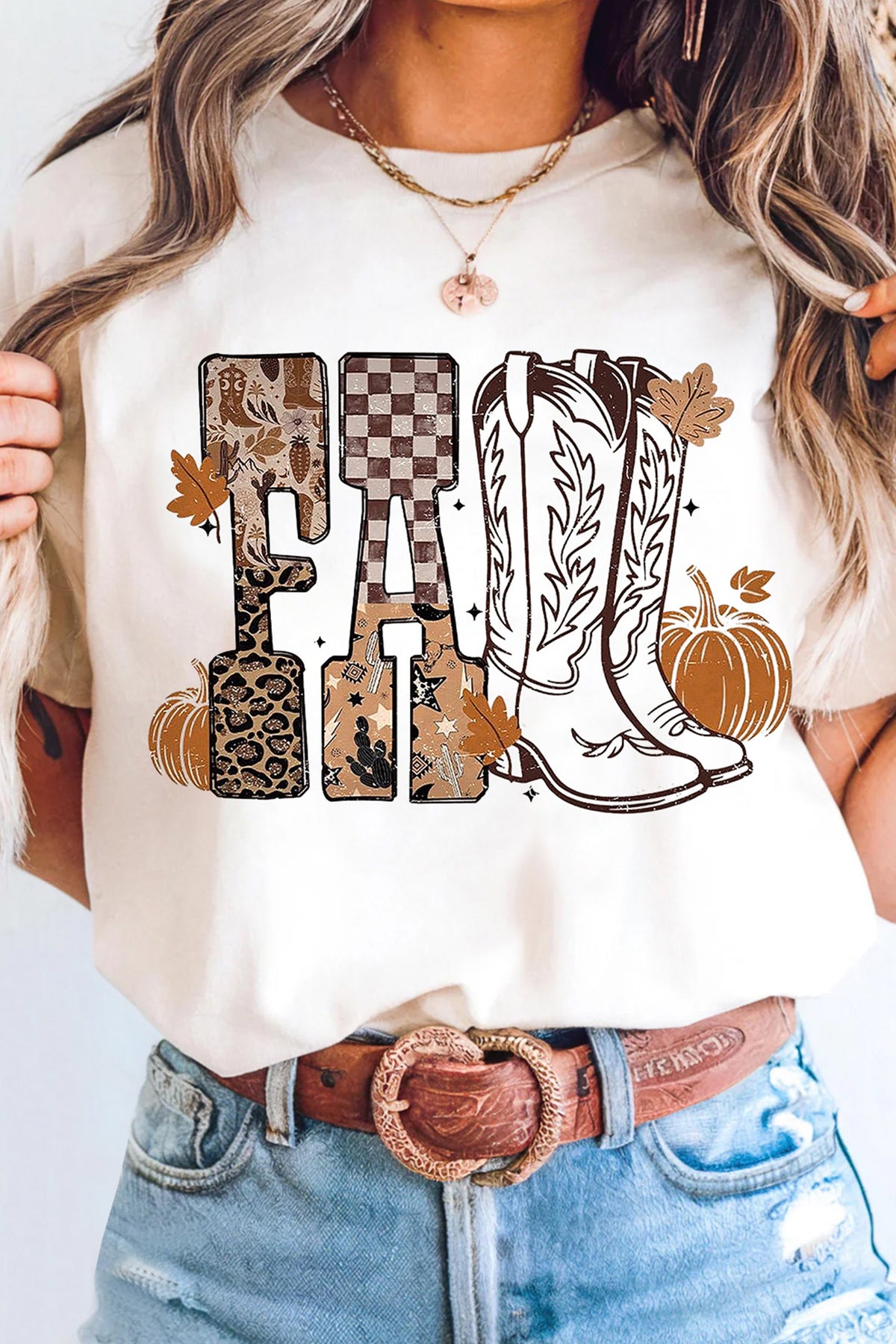 White FALL Letter Print Western Thanksgiving Graphic T-Shirt - Aaria Tees