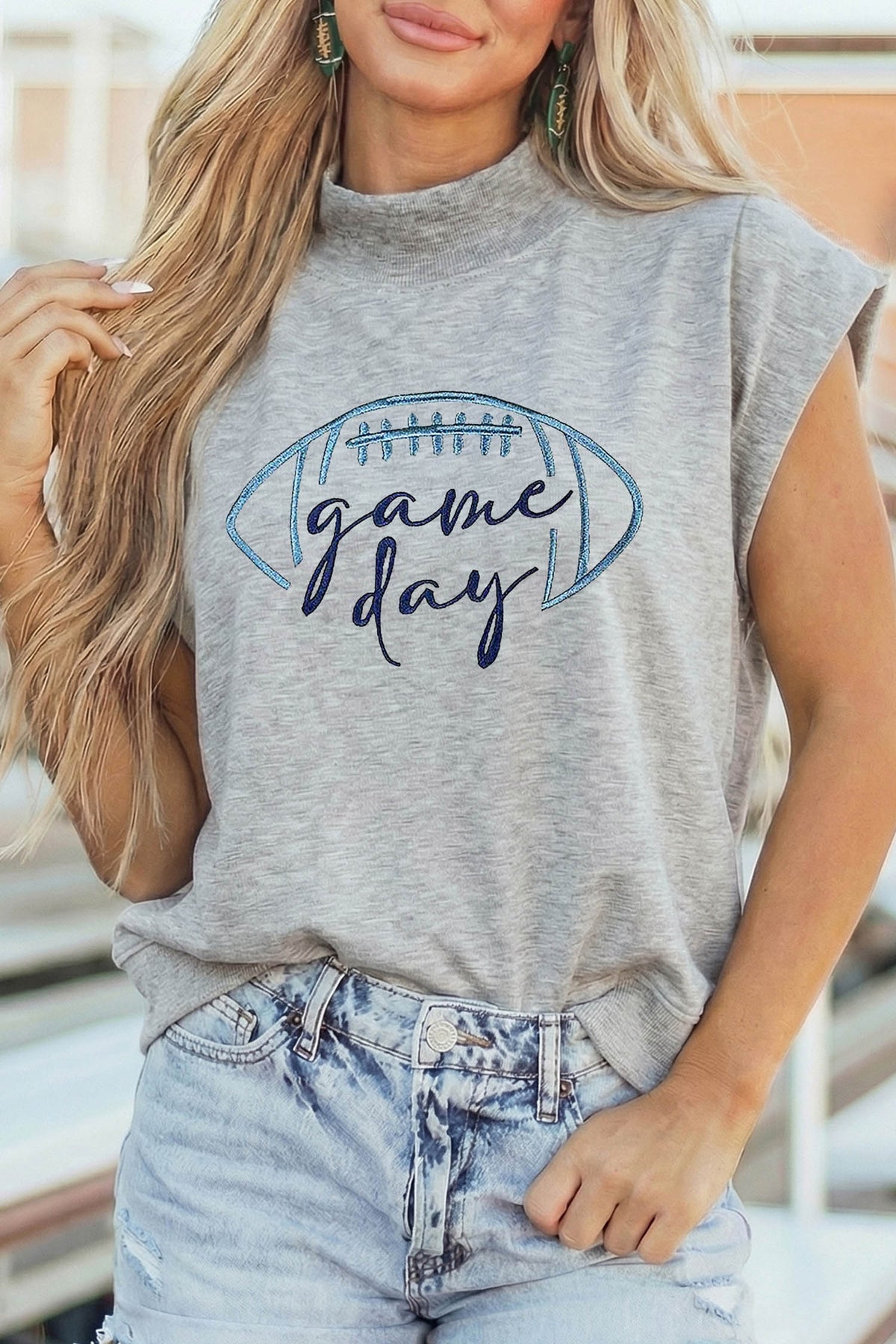 Light Grey Embroidered Game Day Football High Neck Short Sleeve Top - Aaria Tees