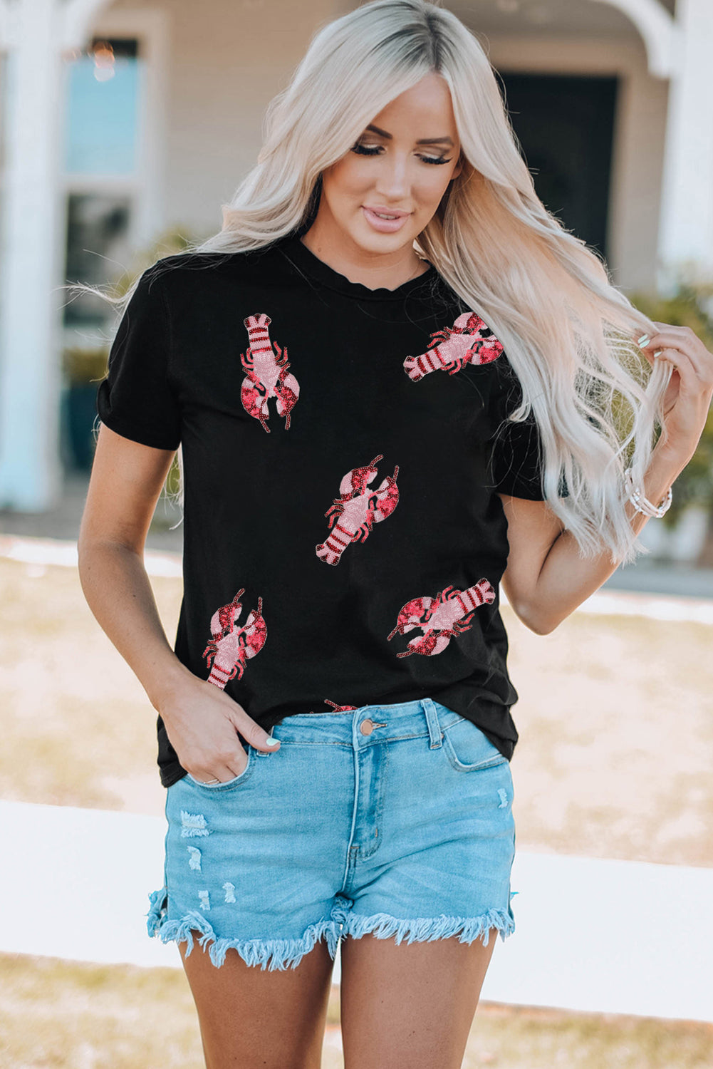Black Sequined Crayfish Round Neck Graphic Tee - Aaria Tees Aaria Tees