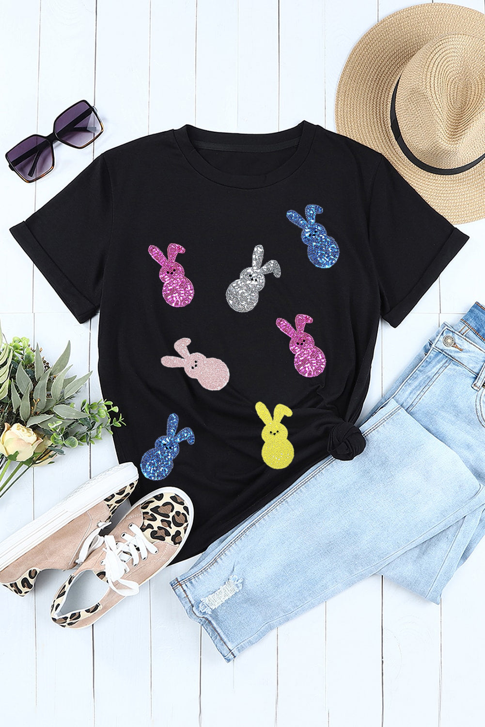 Black Sequin Bunny Doll Graphic Easter Day T Shirt - Aaria Tees Aaria Tees