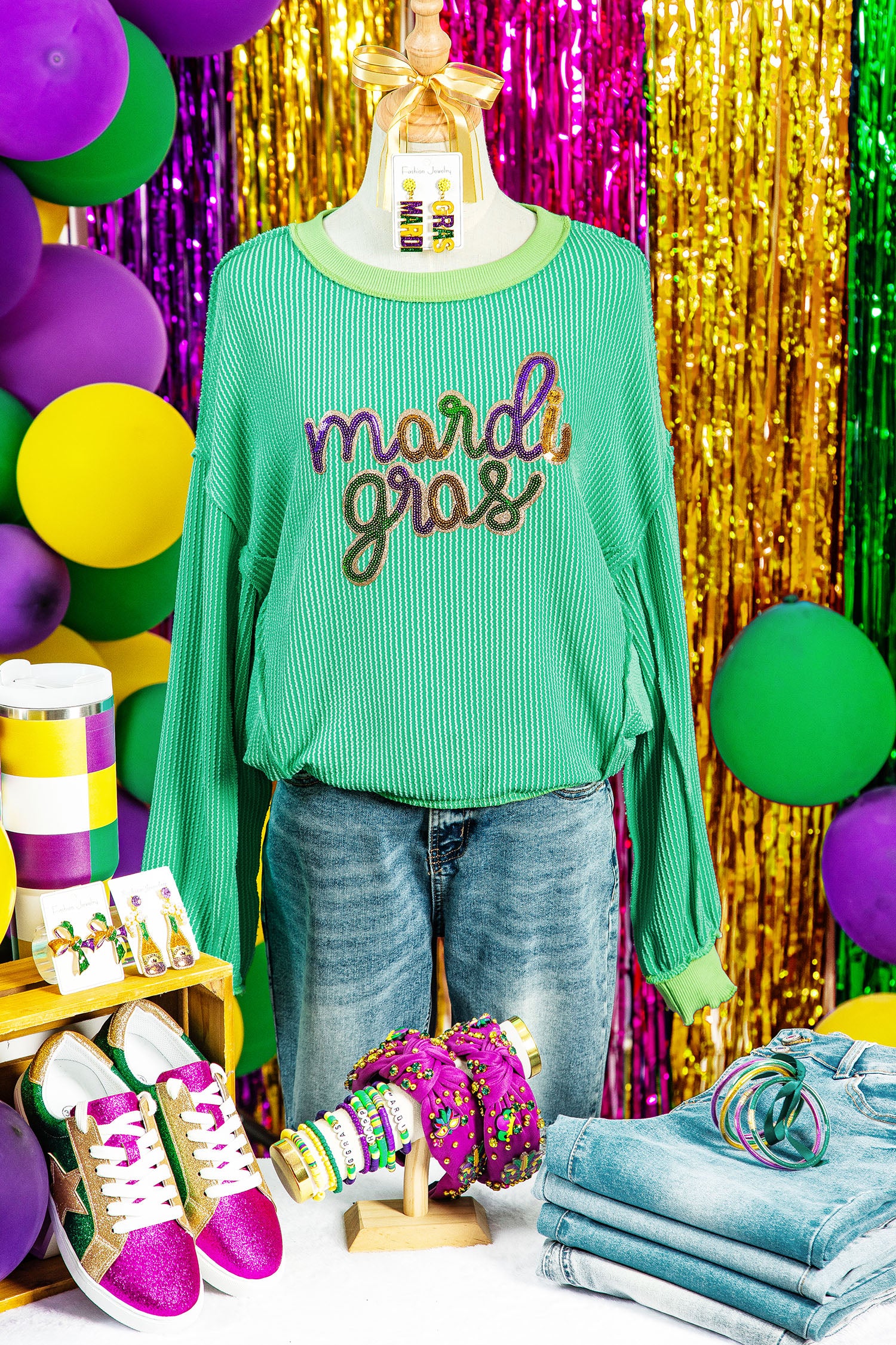 Bright Green Twisted Ribbed mardi gras Sequin Graphic Exposed Seam Patchwork Pullover Top - Aaria Tees Aaria Tees