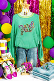 Bright Green Twisted Ribbed mardi gras Sequin Graphic Exposed Seam Patchwork Pullover Top - Aaria Tees Aaria Tees