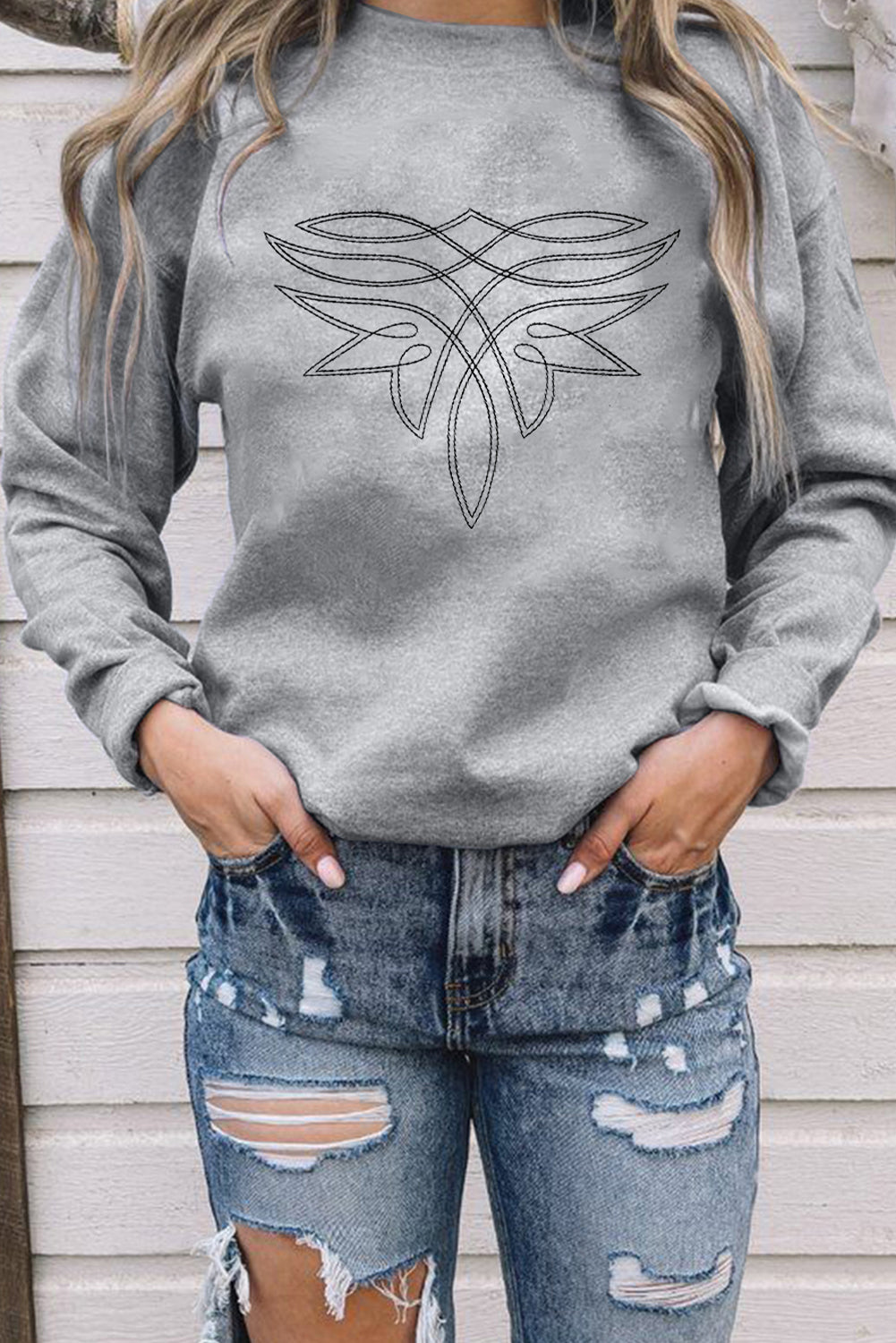 Gray Western Pattern Embroidered Drop Shoulder Pullover Top - Aaria Tees Aaria Tees
