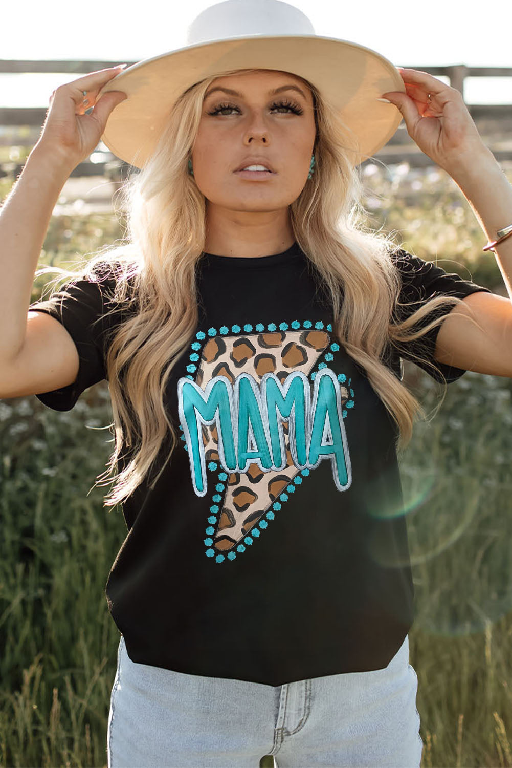 Black Western MAMA Leopard Lightning Graphic Tee - Aaria Tees Aaria Tees
