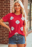 Red Glittering Rugby Pattern Crew Neck Game Day T Shirt Aaria Tees
