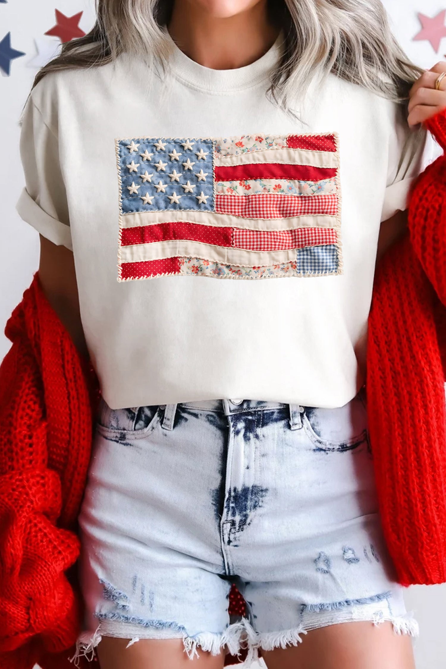 White Faux Patchwork Printed US Flag Casual Tee - Aaria Tees Aaria Tees