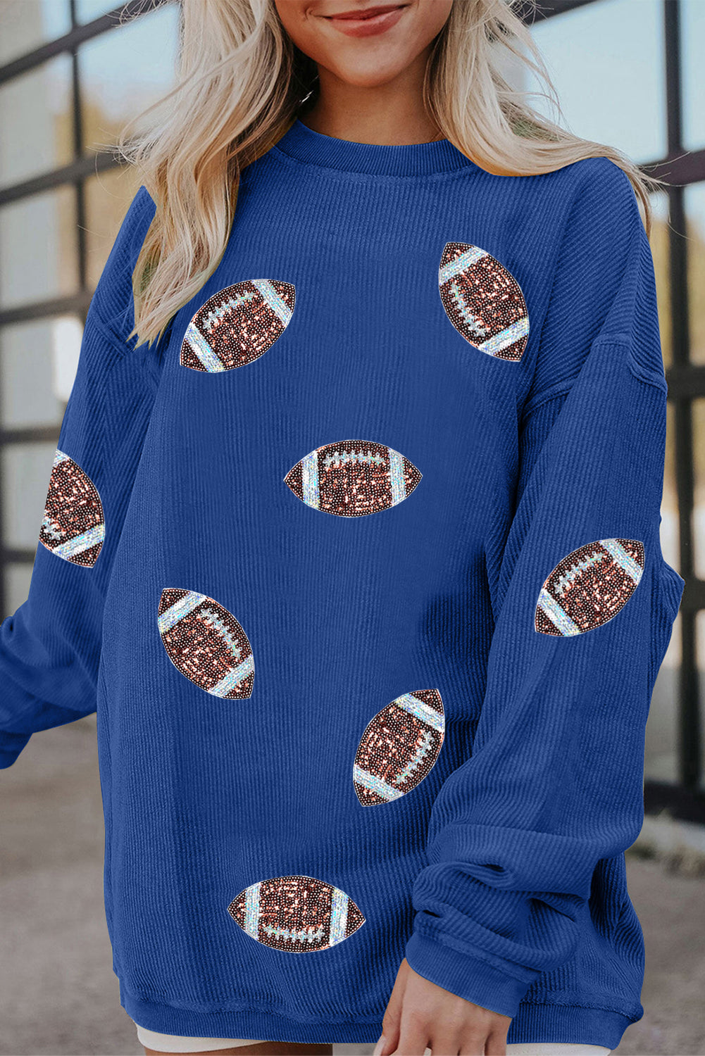 Dark Blue 3D Ribbed Texture Sequin Rugby Patched Baggy Sweatshirt - Aaria Tees