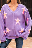 Lavendula Brushed Star Graphic V Neck Drop Shoulder Oversize Sweater Aaria Tees