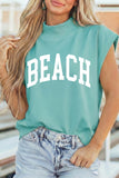 Mint Green High Neck Short Sleeve Beach Graphic Tee Aaria Tees