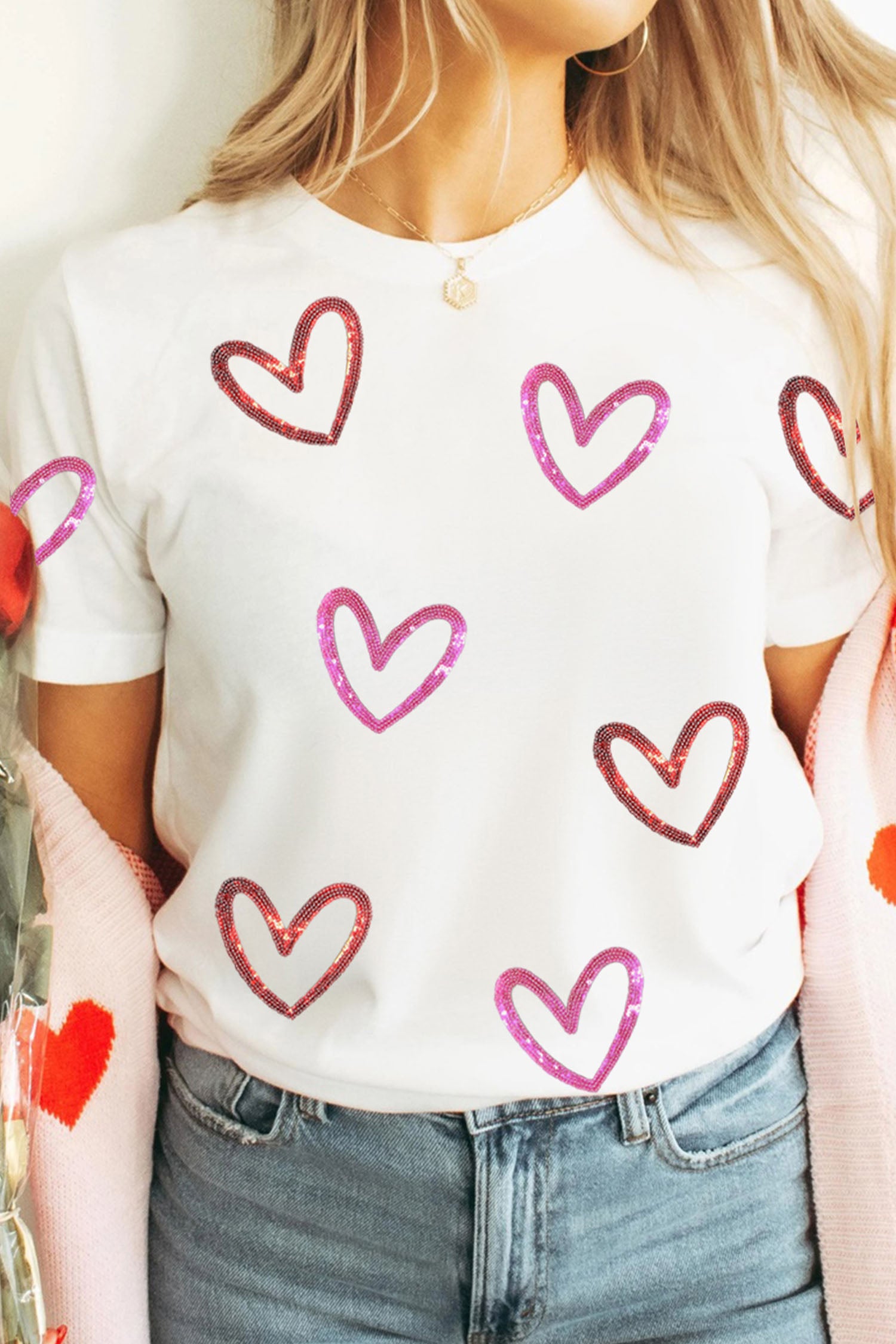 White Sequin Heart Sketch Graphic Womens Casual Tee - Aaria Tees Aaria Tees