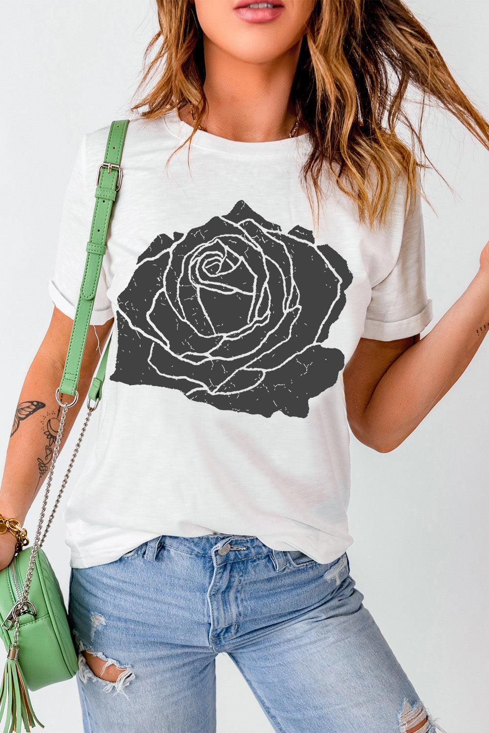 Rose Graphic Round Neck Short Sleeve T-Shirt - Aaria Tees Aaria Tees