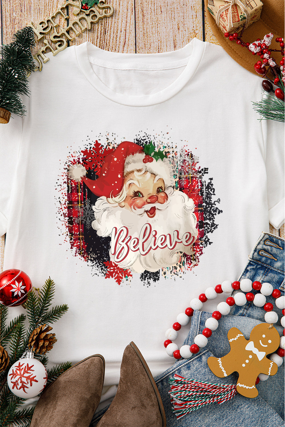 White Believe Christmas Father Graphic Crewneck T Shirt - Aaria Tees Aaria Tees
