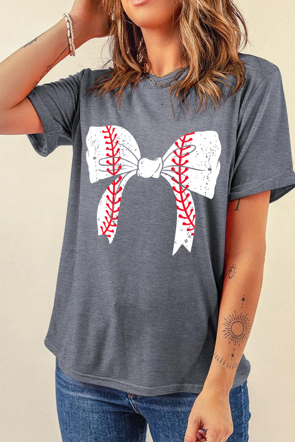 Gray Baseball Bowknot Graphic Casual Tee - Aaria Tees Aaria Tees