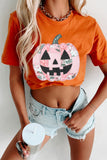 Orange Patchwork Pumpkin Graphic Short Sleeve Round Neck Tee Aaria Tees