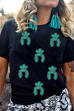 Black Western Turquoise Pattern Sequin Patched T Shirt Aaria Tees