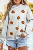 Light Grey Sequined Halloween Pumpkin Graphic Exposed Seam Mock Neck Sweatshirt Aaria Tees