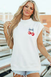 White Mock Neck Short Sleeve Cherry Print America Slogan Casual Top Aaria Tees