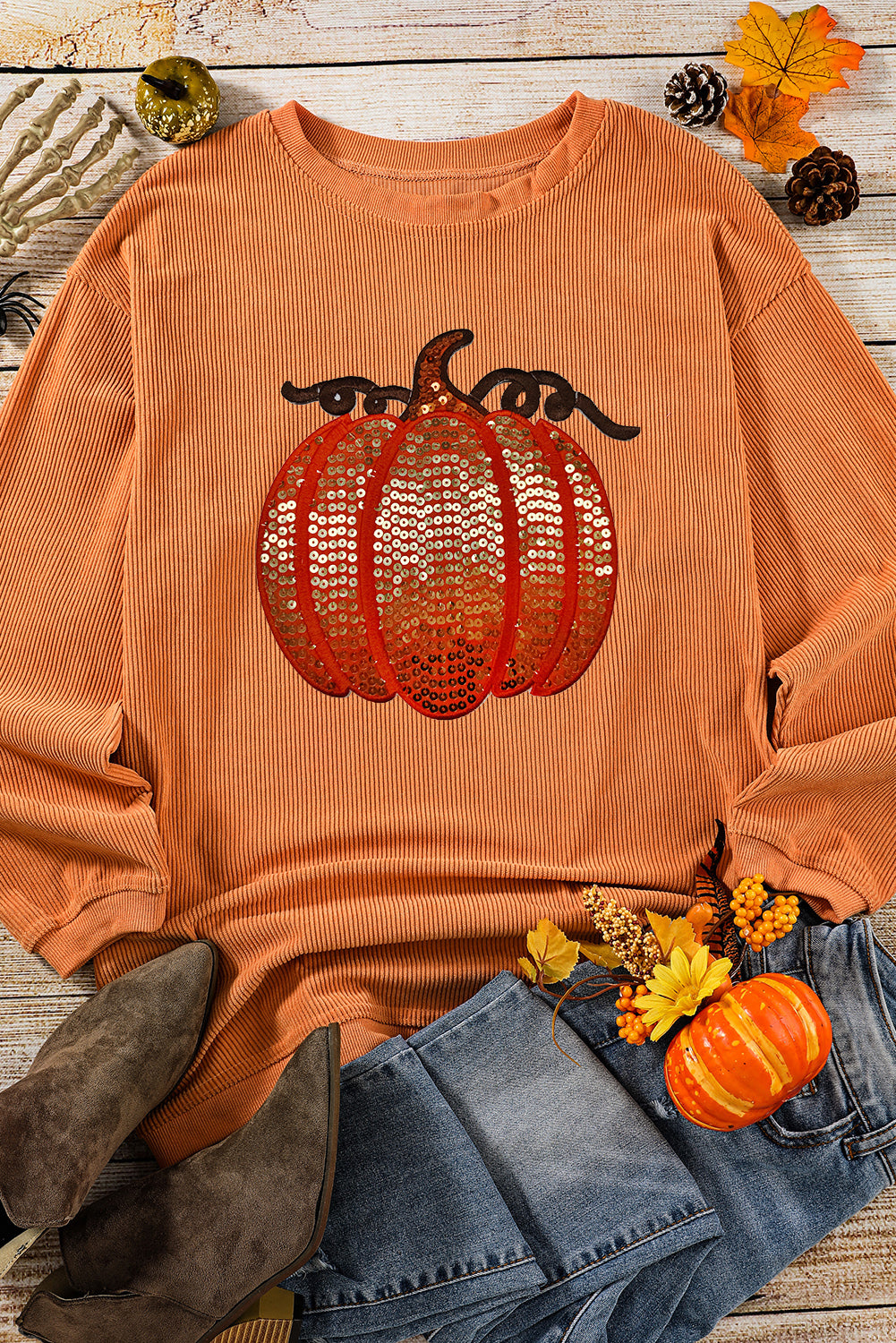 Orange Sequined Pumpkin Ribbed Round Neck Halloween Sweatshirt - Aaria Tees Aaria Tees