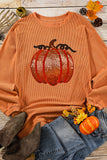 Orange Sequined Pumpkin Ribbed Round Neck Halloween Sweatshirt - Aaria Tees Aaria Tees