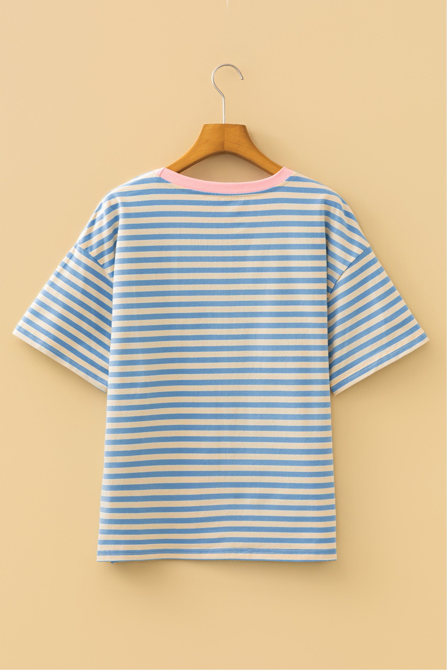 Sky Blue Stripe HOPPY Chenille Patched Graphic Crew Neck Tee - Aaria Tees Aaria Tees