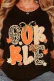 Black GOBBLE Leopard Letter Print Turkey Bow Graphic T Shirt Aaria Tees