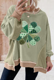 Smoke Green Waffled Color Block St Patricks Day Clover Patched Baggy Sweatshirt Aaria Tees