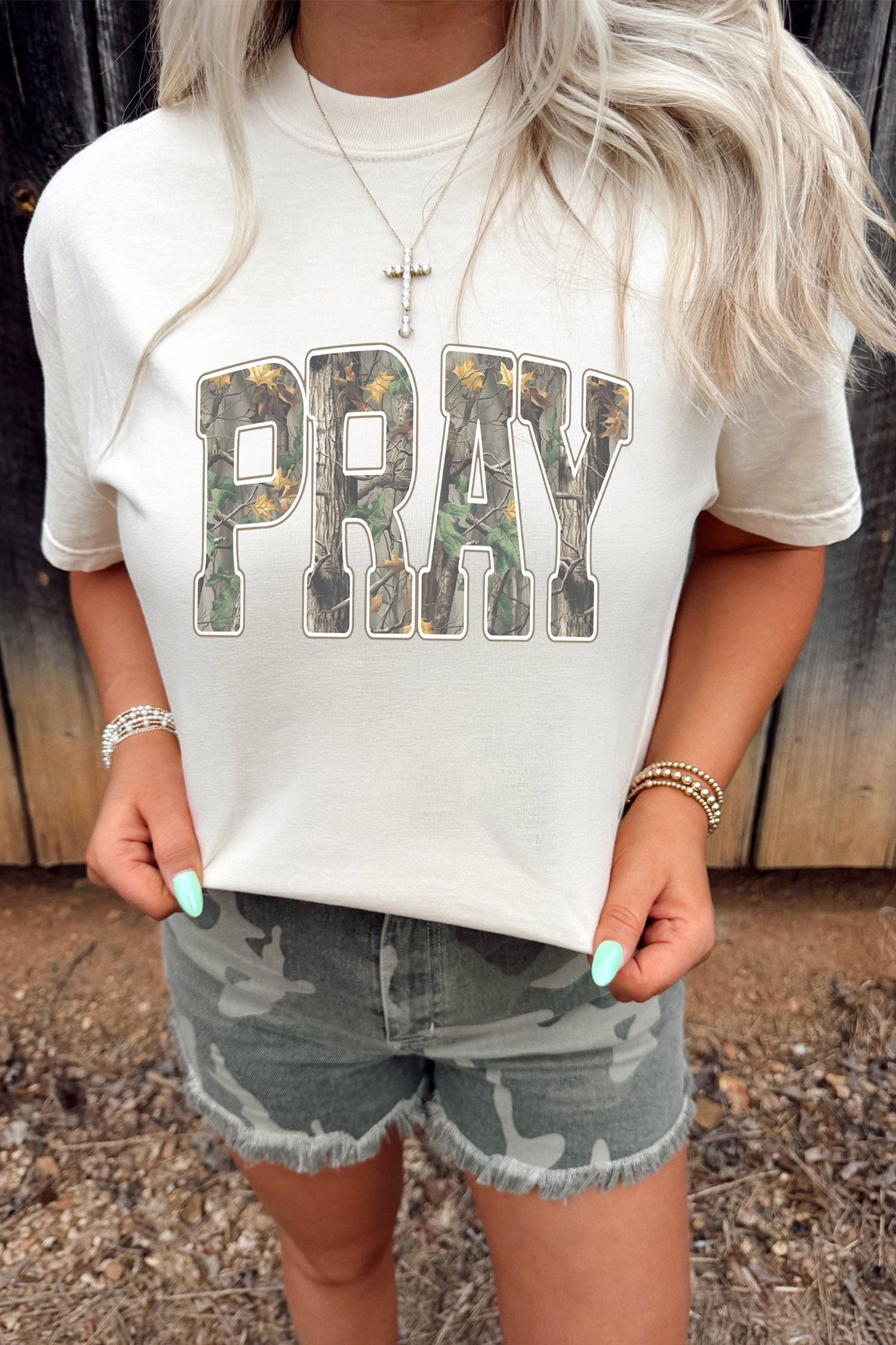 White PRAY Camo Letter Print Casual Round Neck T Shirt - Aaria Tees Aaria Tees
