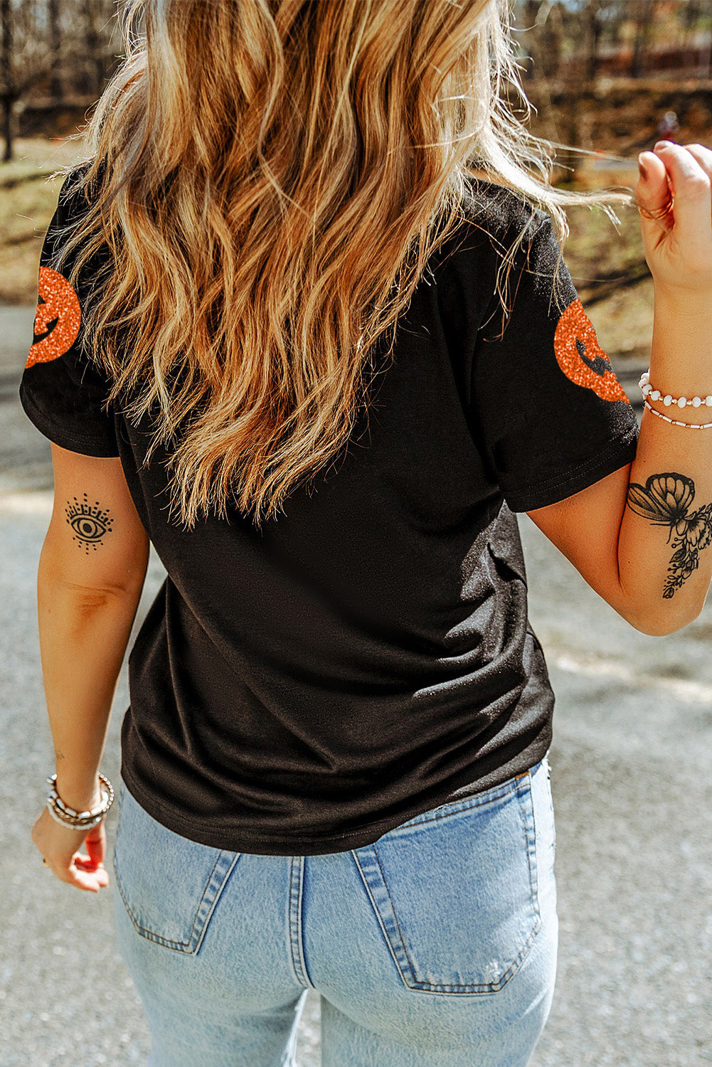 Black Glittering Pumpkin Face Graphic Crewneck Halloween T Shirt - Aaria Tees Aaria Tees