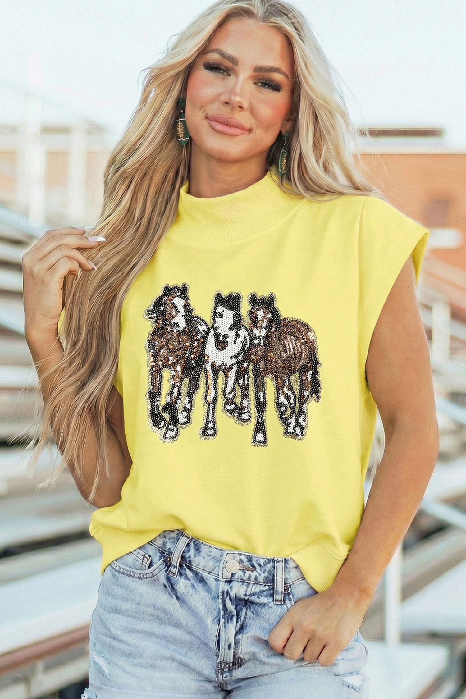 Yellow High Neck Sequin Horse Cap Sleeve Tunic Top - Aaria Tees Aaria Tees