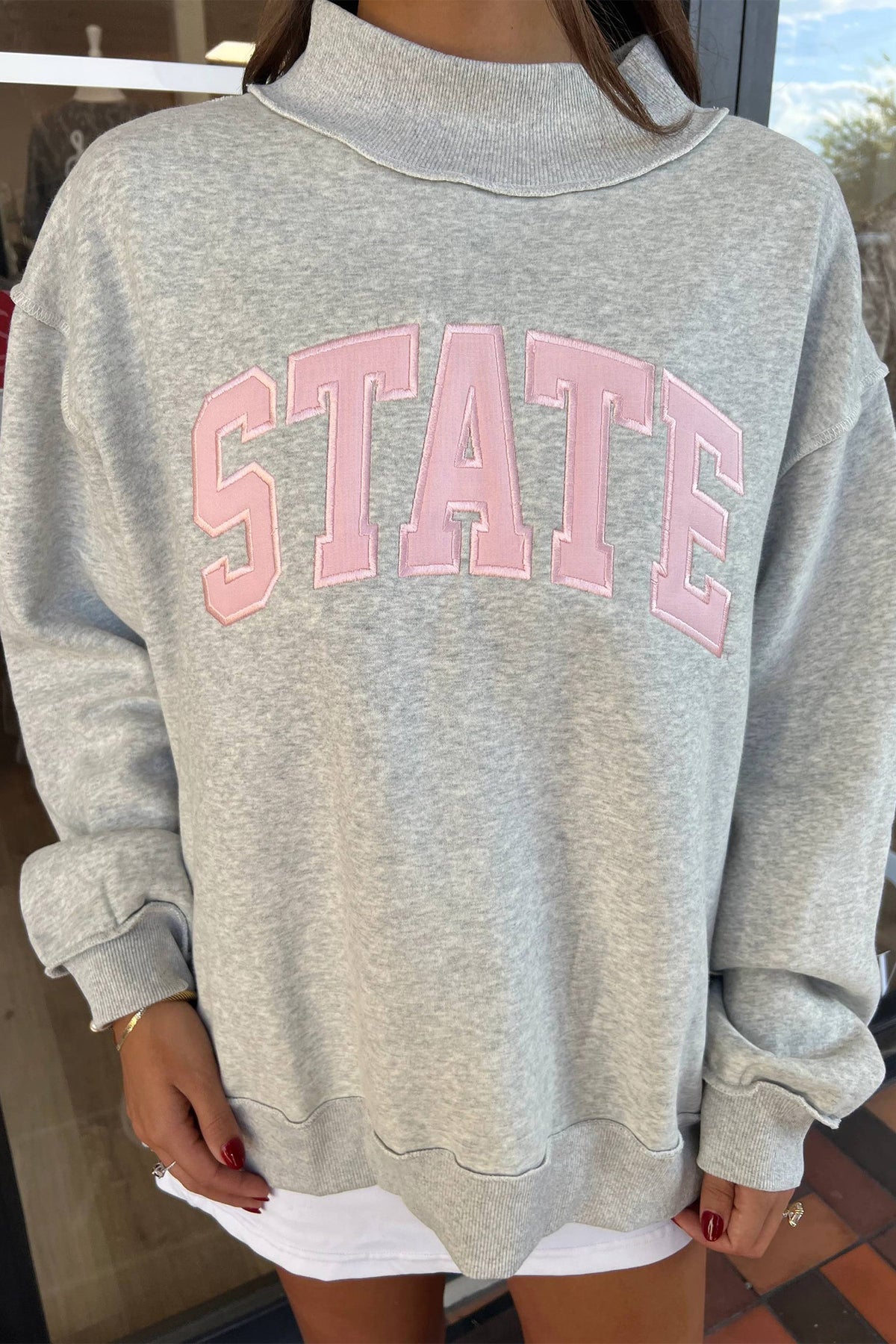 Light Grey Exposed Seam Mock Neck STATE Letter Graphic Loose Sweatshirt - Aaria Tees