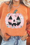 Orange Patchwork Pumpkin Graphic Corded Ribbed Round Neck Tunic Sweatshirt Aaria Tees