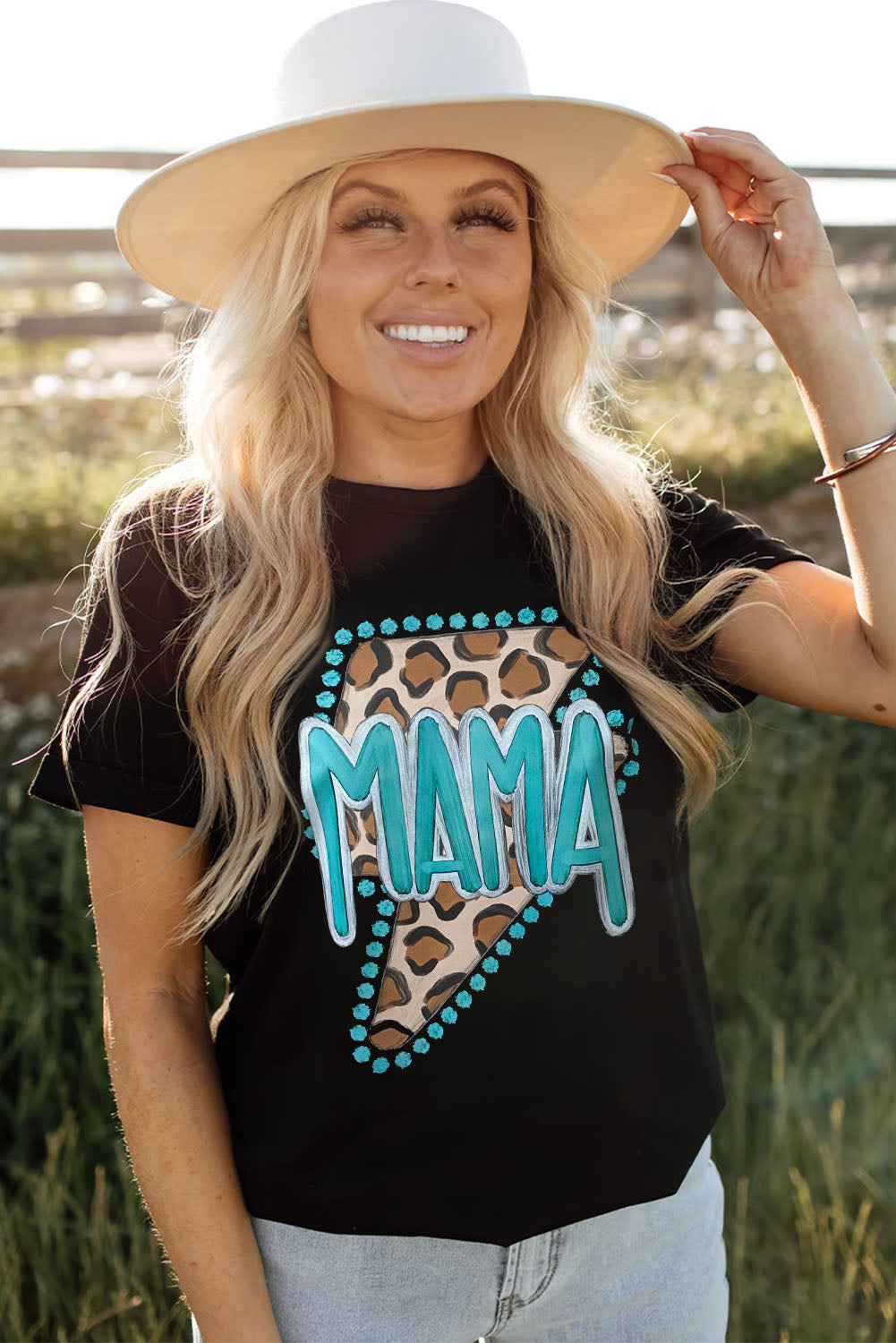 Black Western MAMA Leopard Lightning Graphic Tee - Aaria Tees Aaria Tees