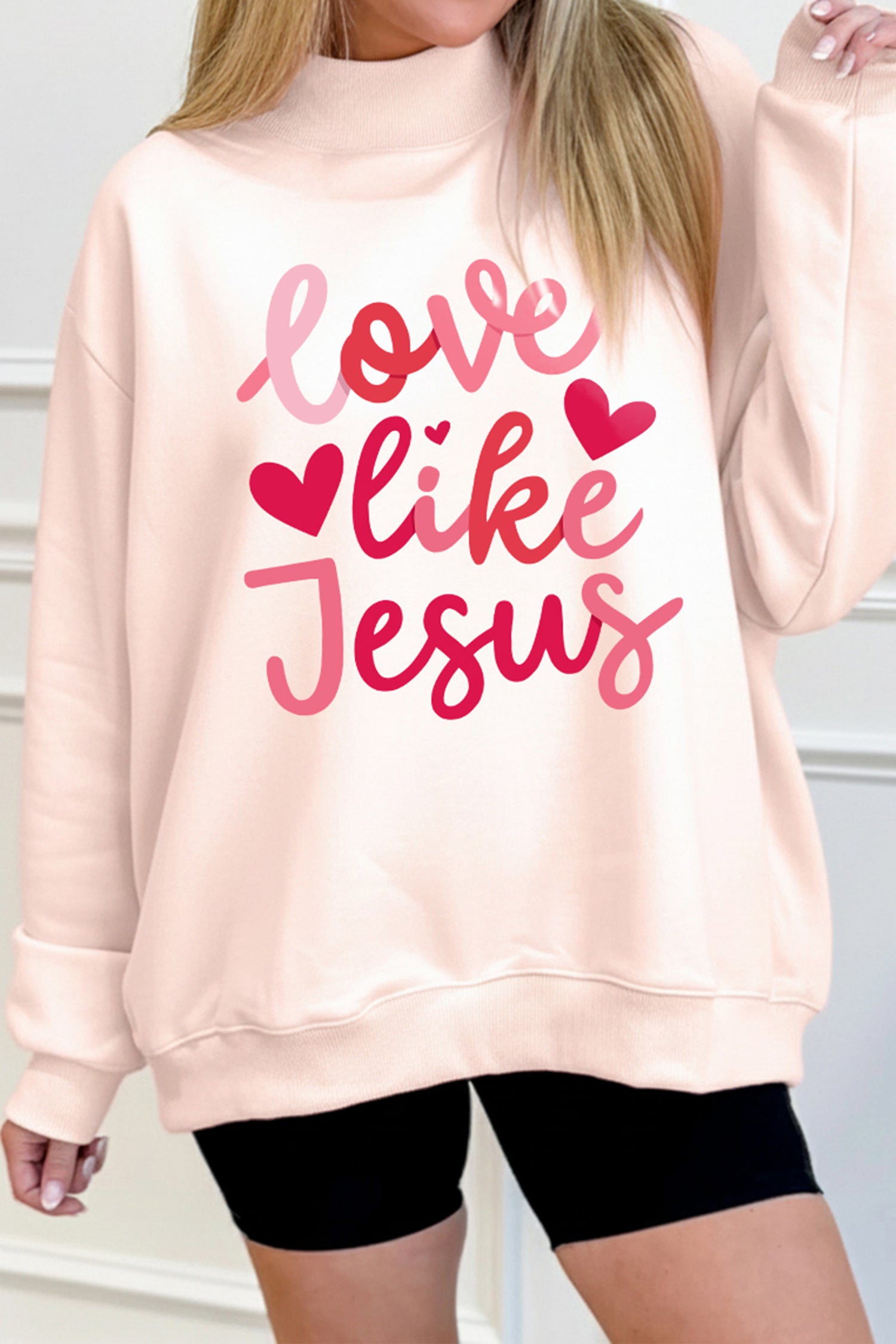 Light Pink love like Jesus Valentines Day Mock Neck Sweatshirt - Aaria Tees Aaria Tees