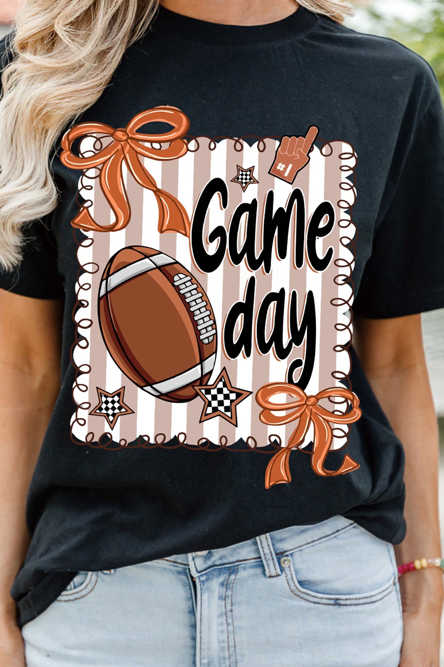 Black Casual Game Day Football Striped Tee - Aaria Tees Aaria Tees