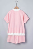 Pink Stripe Contrast Trim High Neck Short Sleeve LAKE WEEKEND 2pcs Short Set Aaria Tees