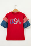 Fiery Red Sequin USA Lettering Patriotic Contrast Splicing Sleeve Top Aaria Tees