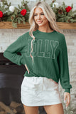 Blackish Green Twisted Rib Outlined Merry Letter Graphic Loose Long Sleeve Top Aaria Tees