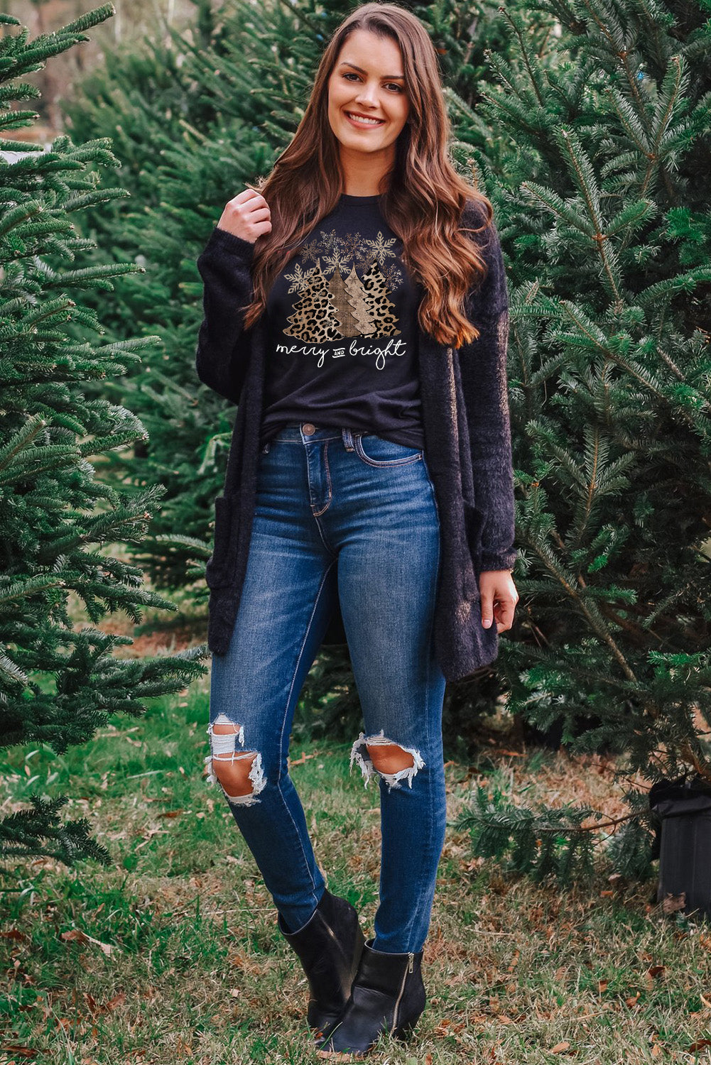 Black Leopard Christmas Tree Graphic Crew Neck T Shirt - Aaria Tees Aaria Tees
