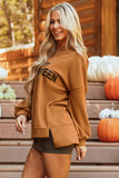 Medium Grey Sequin Happy Halloween Graphic Notched Neck Long Sleeve Loose Top - Aaria Tees Aaria Tees