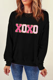 Black Chenille XOXO Patched Drop Shoulder Valentines Pullover Sweatshirt Aaria Tees