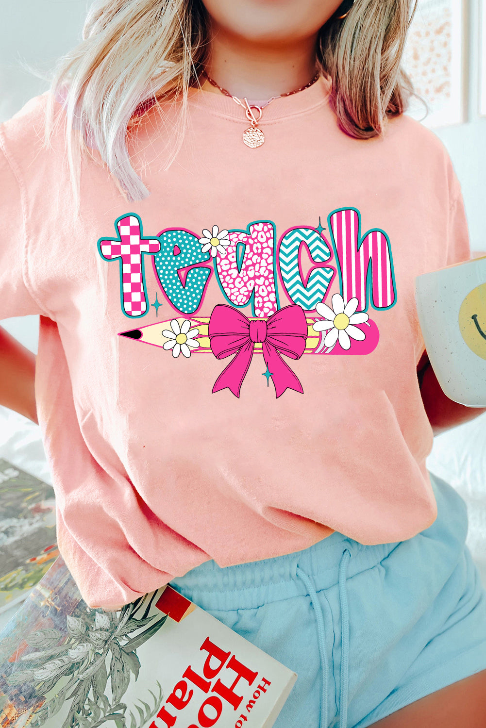 Pink Preppy Retro Checkered Coquette Teach Graphic T-Shirt - Aaria Tees