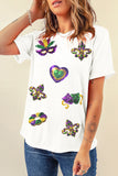White Sequined Mardi Gras Symbolic Pattern Casual Tee Aaria Tees