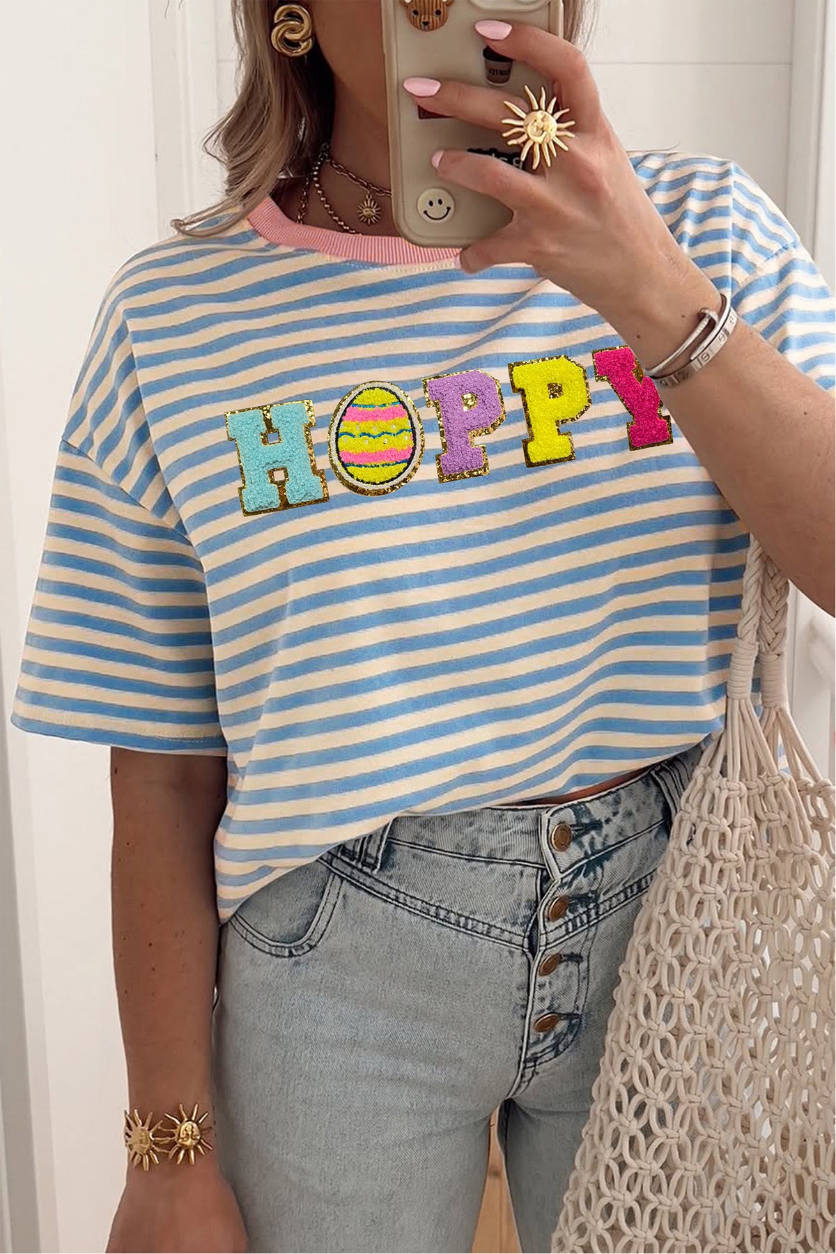 Sky Blue Stripe HOPPY Chenille Patched Graphic Crew Neck Tee - Aaria Tees