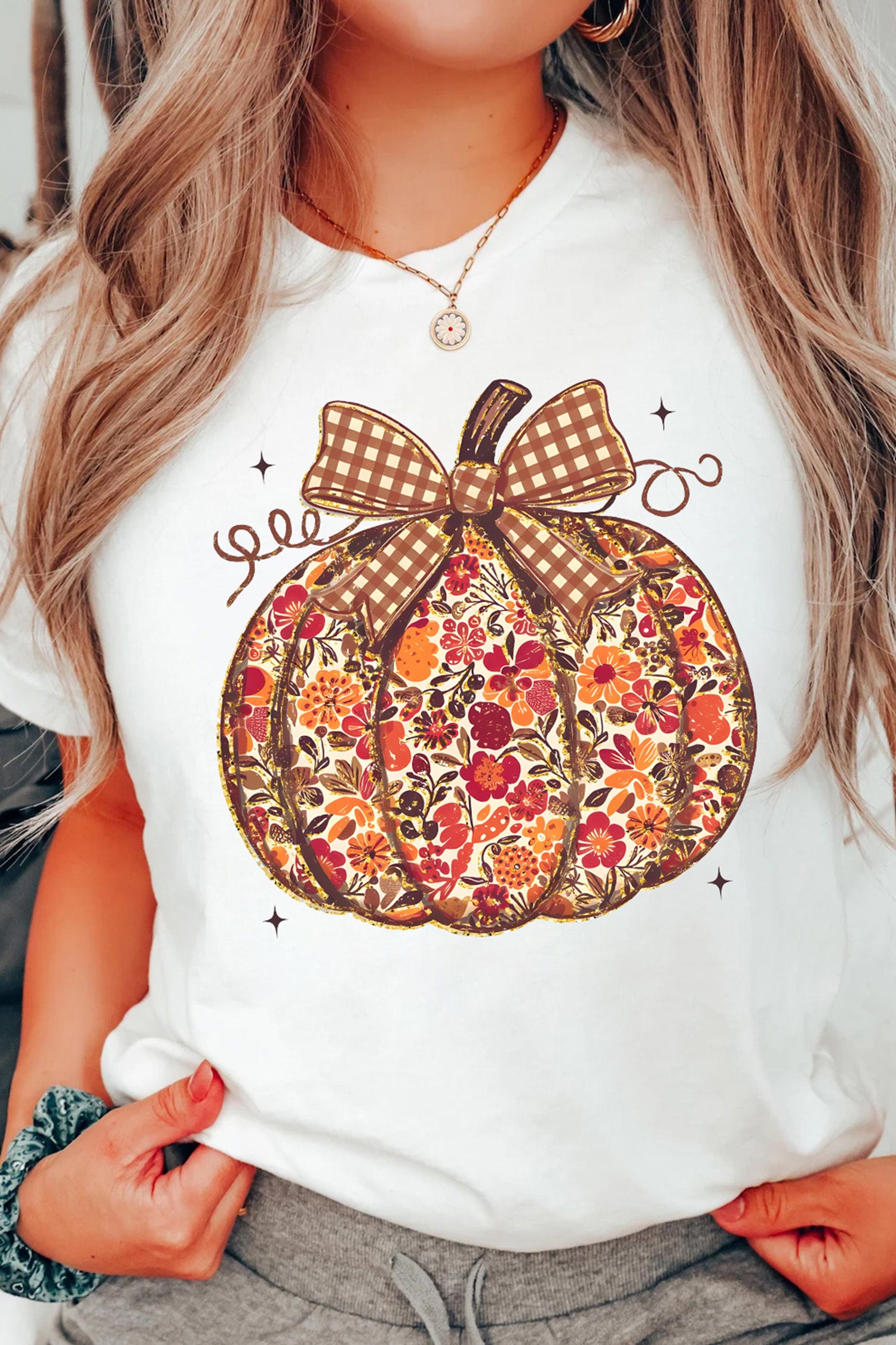 White Floral Pumpkin Print Round Neck Short Sleeve T-Shirt - Aaria Tees Aaria Tees