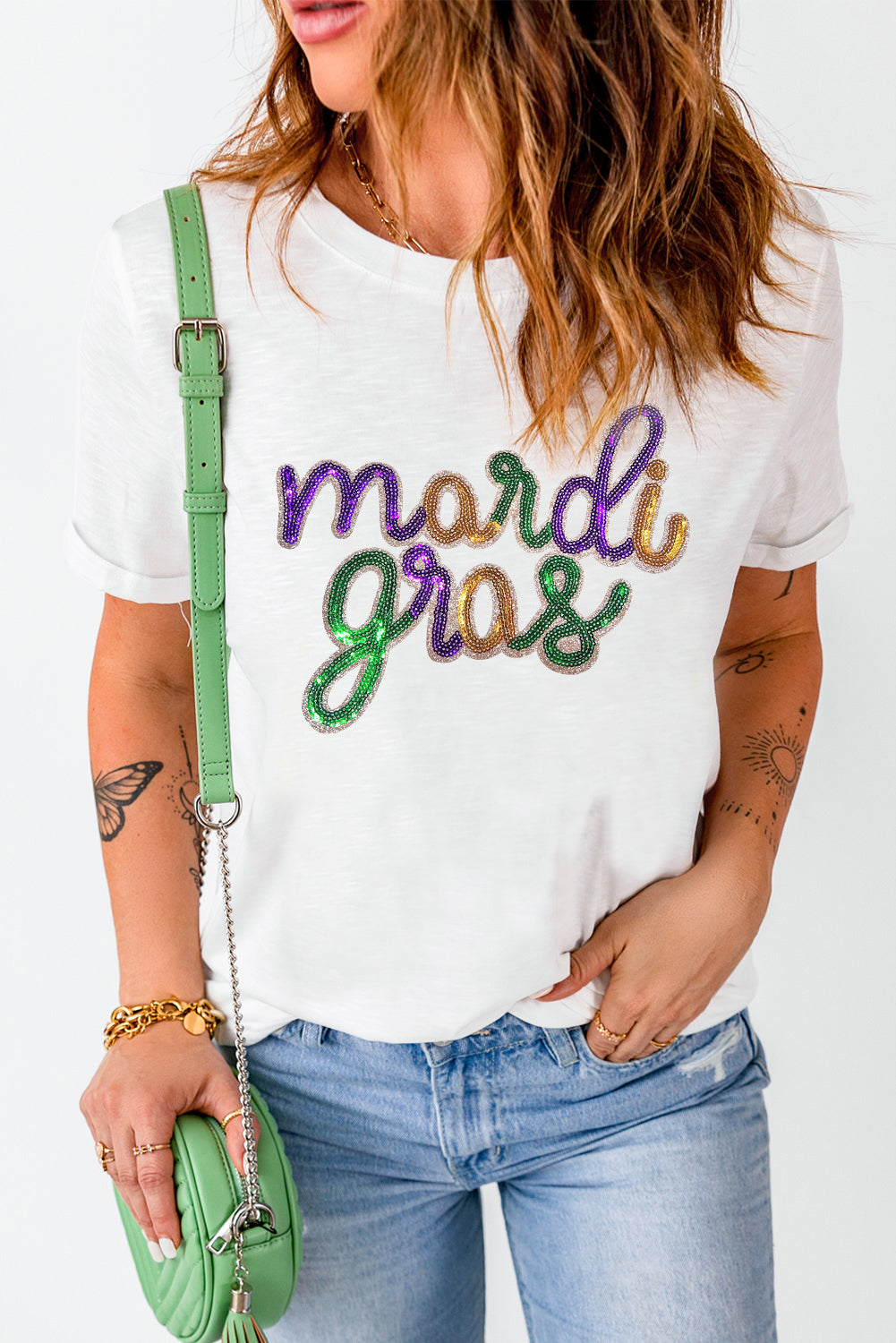 White Sequin mardi gras Graphic T Shirt - Aaria Tees Aaria Tees