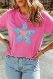 Sachet Pink Floral Starfish Printed Casual Round Neck Tee - Aaria Tees Aaria Tees