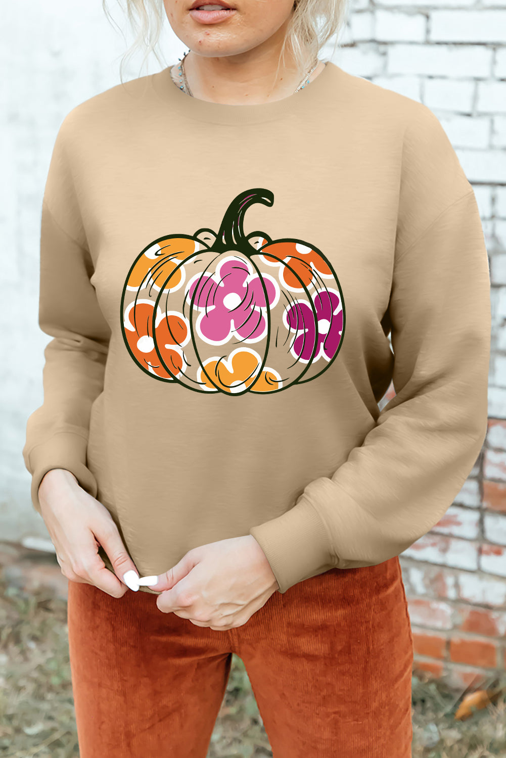 Khaki Halloween Floral Pumpkin Graphic Drop Shoulder Sweatshirt - Aaria Tees Aaria Tees
