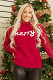 Racing Red Merry Graphic Sequin Sleeve Turtleneck Sweater - Aaria Tees Aaria Tees
