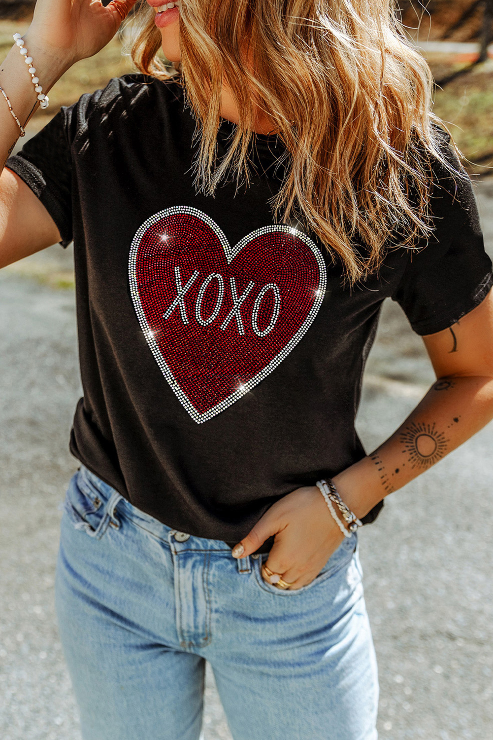 Black Rhinestone XOXO Heart Graphic Crewneck Tee - Aaria Tees Aaria Tees
